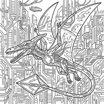 Dive into a thrilling blend of ancient biology and futuristic tech with this unique Rhamphorhynchus coloring page. Featuring intricate cyberpunk details, it offers an engaging challenge for adult and teen colorists.
