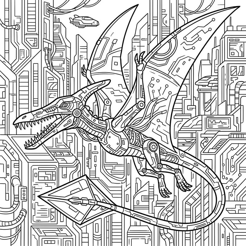 Dive into a thrilling blend of ancient biology and futuristic tech with this unique Rhamphorhynchus coloring page. Featuring intricate cyberpunk details, it offers an engaging challenge for adult and teen colorists.