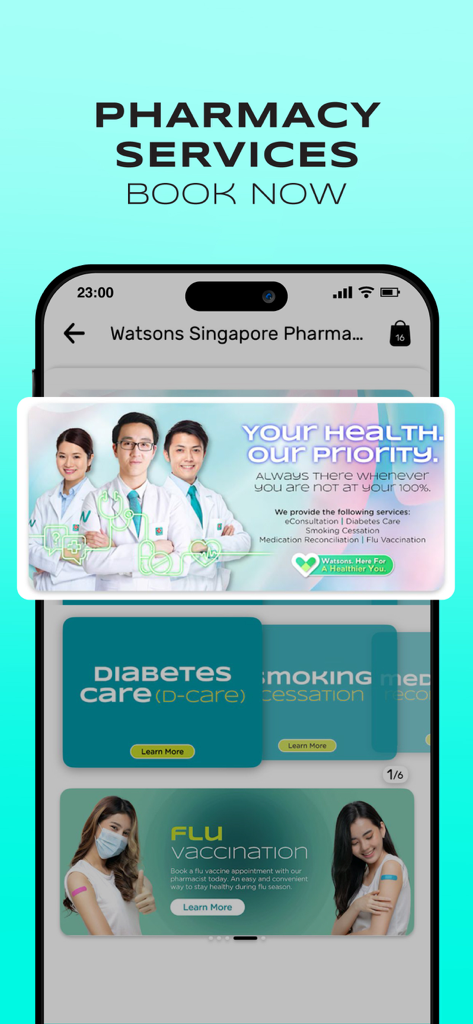 Watsons SG: Your Official App - Mobile app interface for Watsons Singapore pharmacy services and health bookings