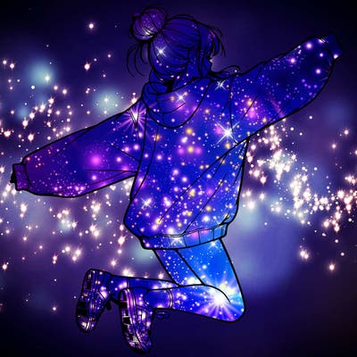 realistic girl jumping with a bun and oversized sweatshirt