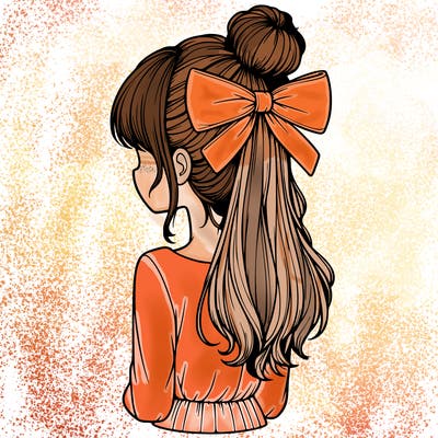 realistic girl  with hip length hair a bun and a big bow on the back of head