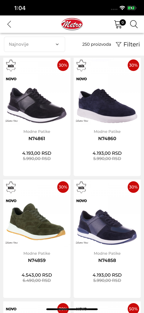 Product catalog of fashion sneakers with discounts in the Obuca Metro app