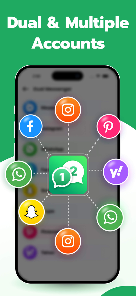 Whats Web – Dual App Messenger - Interface do aplicativo Whats Web mostrando suporte para contas duplas e múltiplas para aplicativos de mídia social e mensagens no iPhone