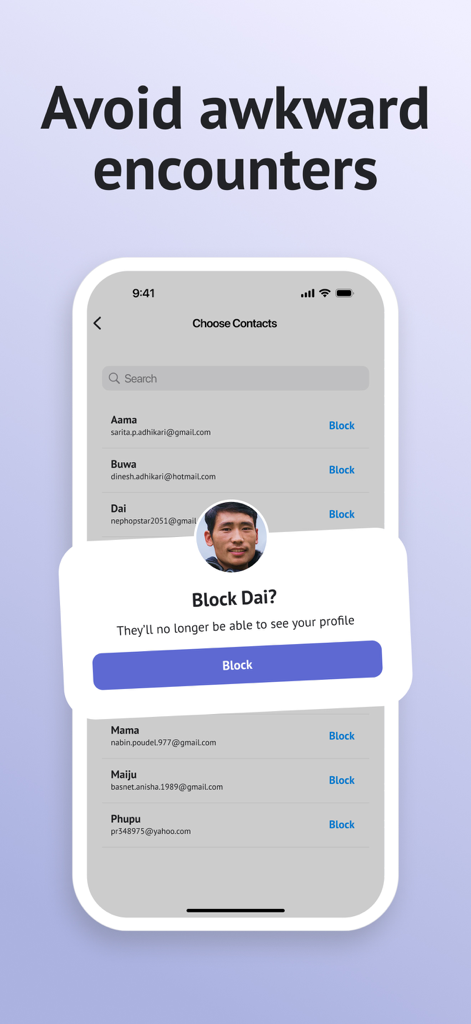 Milyo - Nepali Dating App - Milyo app interface showing the block contacts feature to hide your dating profile from family members.