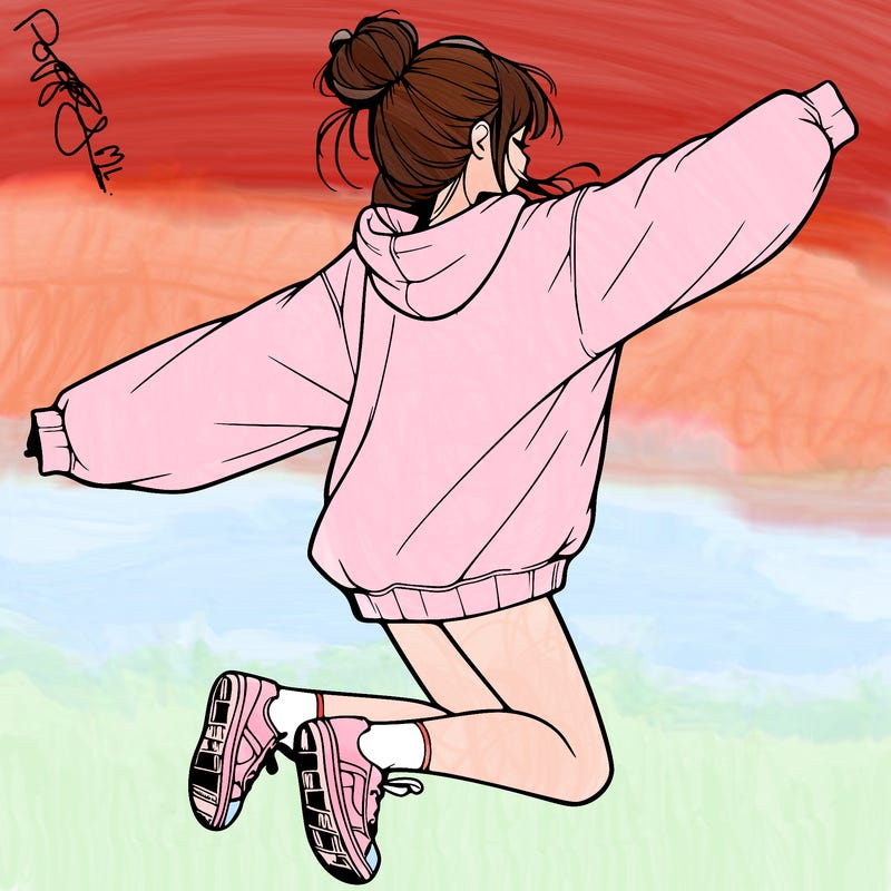 realistic girl jumping with a bun and oversized sweatshirt
