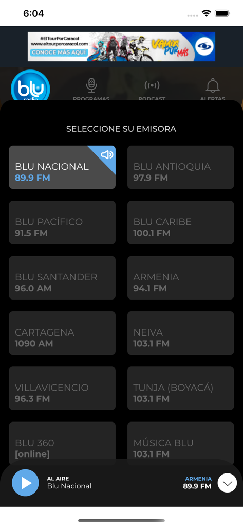 BLU Radio - Interface do aplicativo BLU Radio mostrando uma grade de estações de rádio regionais colombianas disponíveis para streaming ao vivo