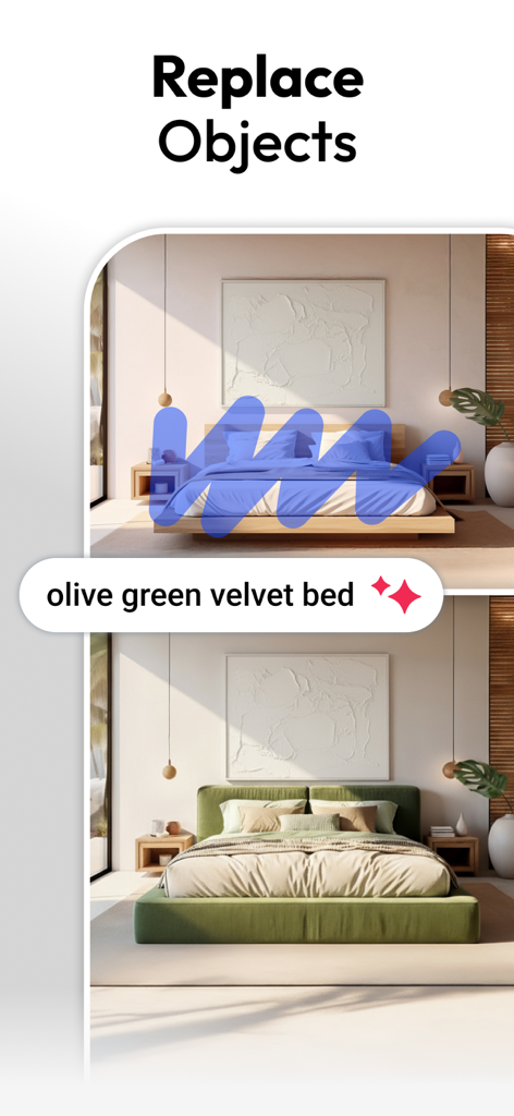 AI Interior Design - Interio - Aplicativo de IA demonstrando como substituir uma cama de madeira por uma cama de veludo verde oliva em um quarto