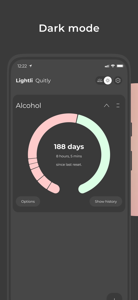 Quitly app interface in dark mode showing 188 days of sobriety from alcohol