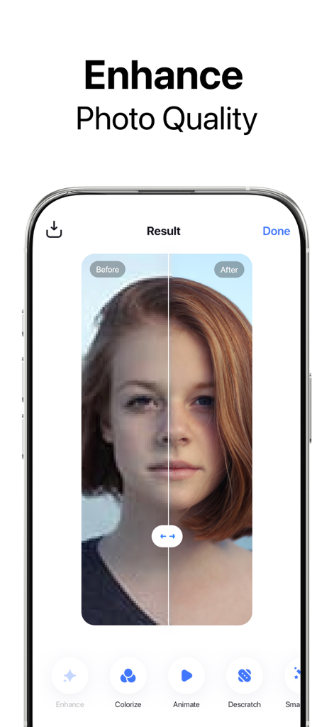 Pixelup: AI Photo Enhancer App - Vorher-Nachher-Vergleich eines Porträtfotos, das mit Pixelup AI Photo Enhancer verbessert wurde