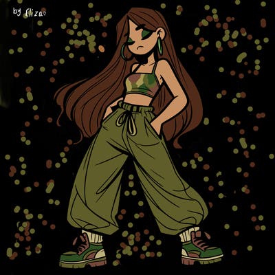 girl in baggy pants crop top and long hair
