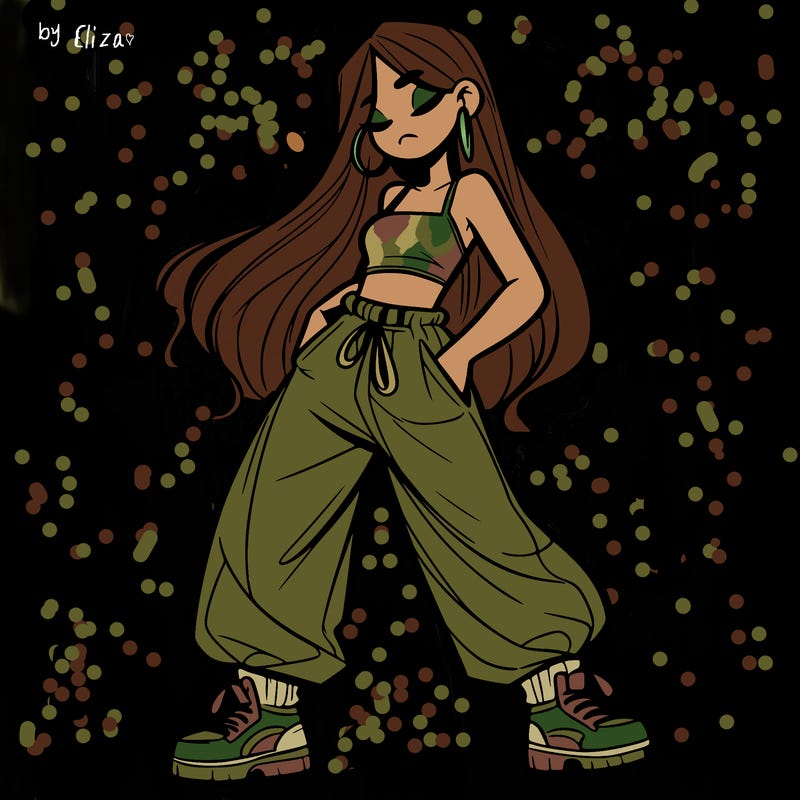 girl in baggy pants crop top and long hair
