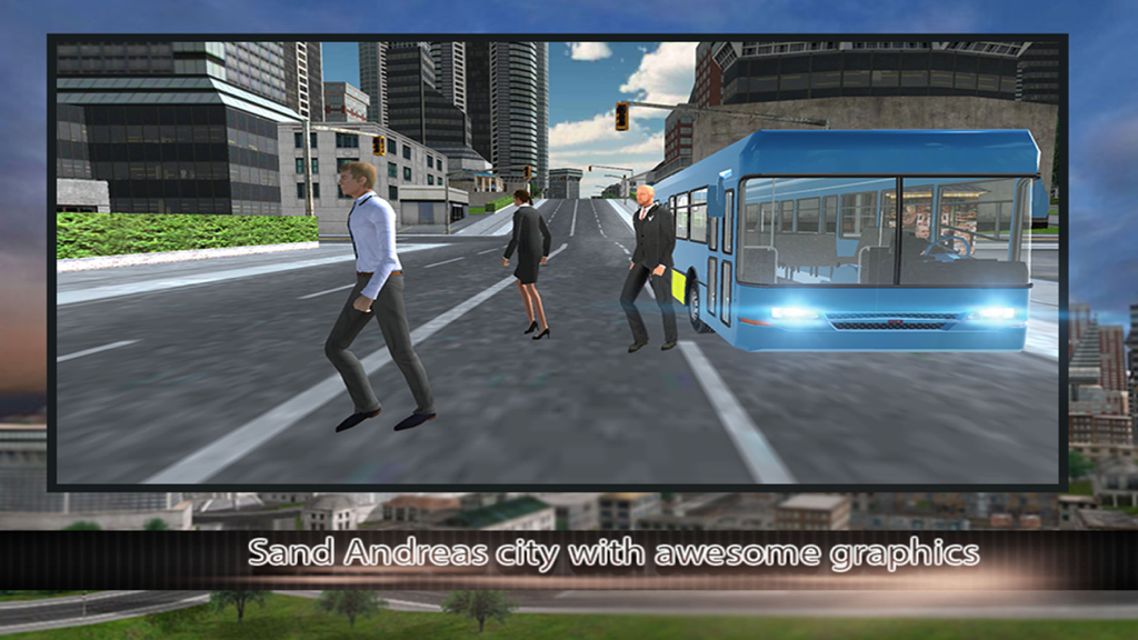Modern city bus driver 3d : free simulation game - Um ônibus urbano azul e pedestres em uma rua em um ambiente de jogo de simulação 3D.