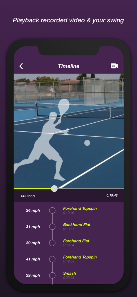 Tennis Plus app timeline showing recorded video playback synced with swing speed and shot type data