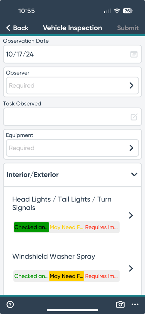 Ideagen EHSQ Enterprise - Mobile app interface showing a vehicle inspection form with compliance checklists for headlights and windshield washer spray