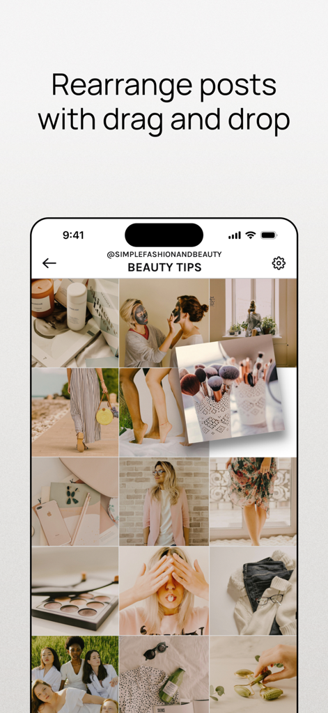 A smartphone displaying a drag and drop interface to rearrange photos in an Instagram feed preview