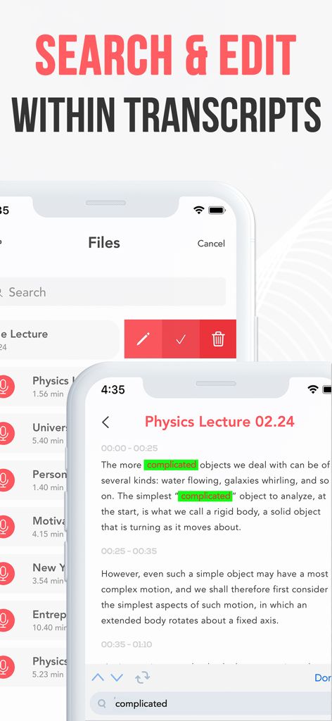 AI Note Taker Voice Memos App - Interface of the AI Note Taker app showing a search for specific keywords within a transcribed physics lecture