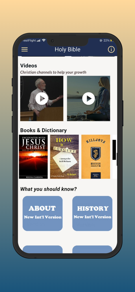 Bible: with study tools - Mobile app interface for Bible study featuring educational videos, Christian books, and NIV translation resources.