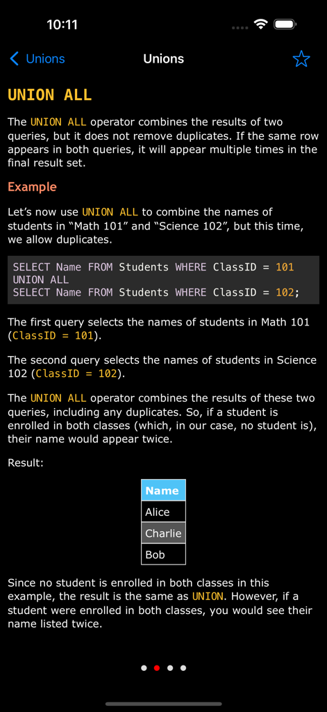 SQL Programming Pro screen explaining the UNION ALL operator with an example query and result table.