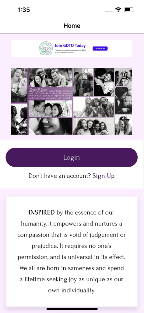Home screen of the Love2Love by PGD mobile app featuring a login button and a collage of people showing affection