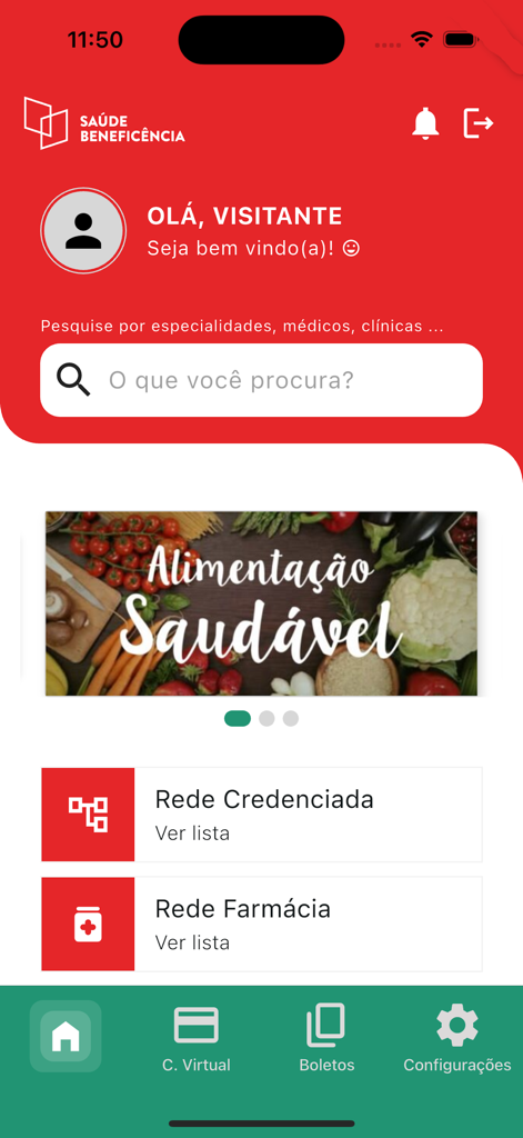 Saúde Beneficência - Pantalla de inicio de la app Saude Beneficencia con una barra de búsqueda, enlaces a la red de salud y un banner de alimentación saludable.