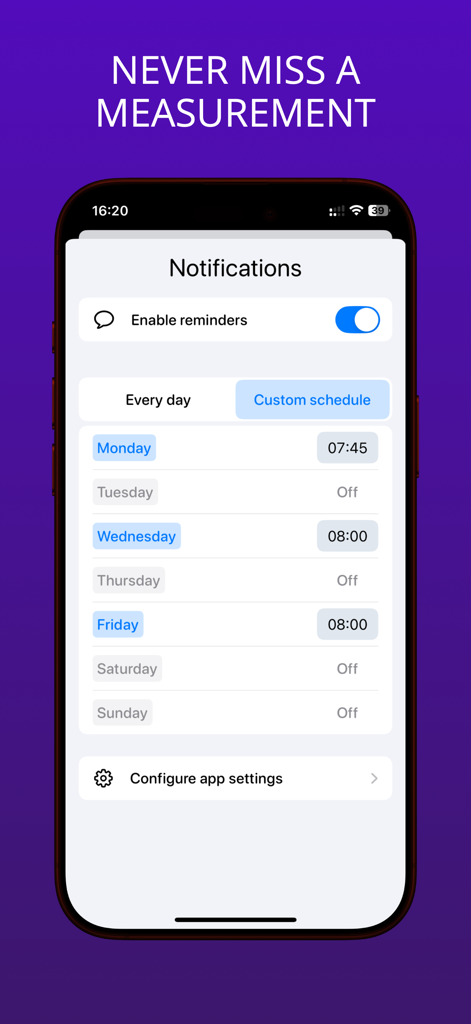 Body Tracker & Measurements - Notification settings screen for Body Tracker app showing custom measurement reminders scheduled for Monday Wednesday and Friday