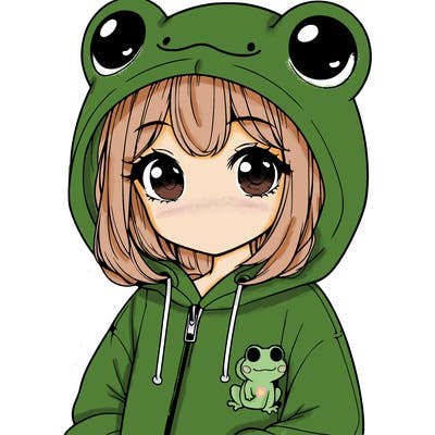 cute realistic girl in a froggy hoodie