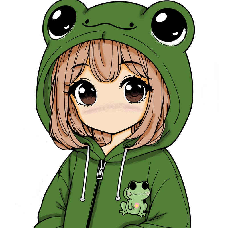cute realistic girl in a froggy hoodie