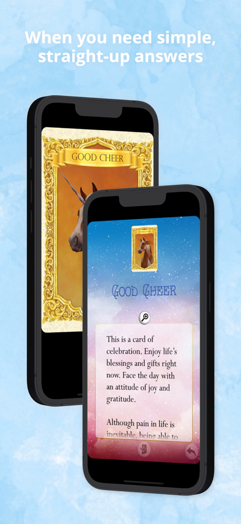 Ask the Unicorns Oracle Cards - A smartphone displaying the Ask the Unicorns Oracle Cards app with a Good Cheer card reading.