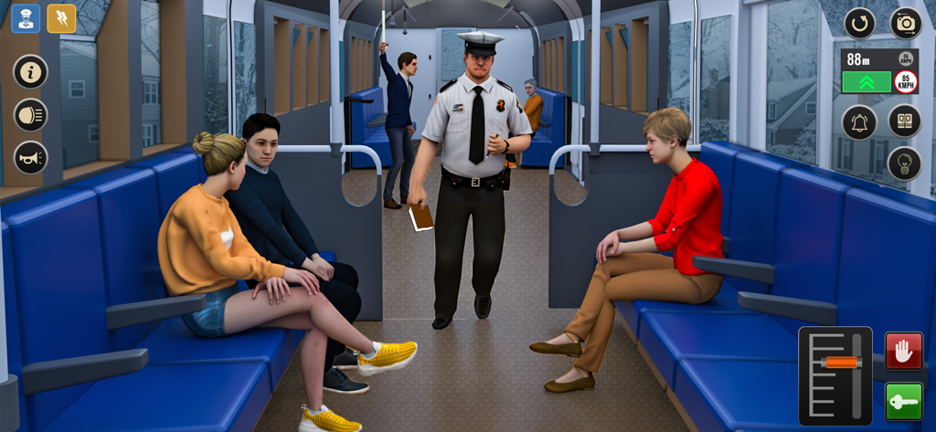 Train Games: Train Simulator - Interior view of a train carriage with passengers and a ticket conductor in a simulation game.