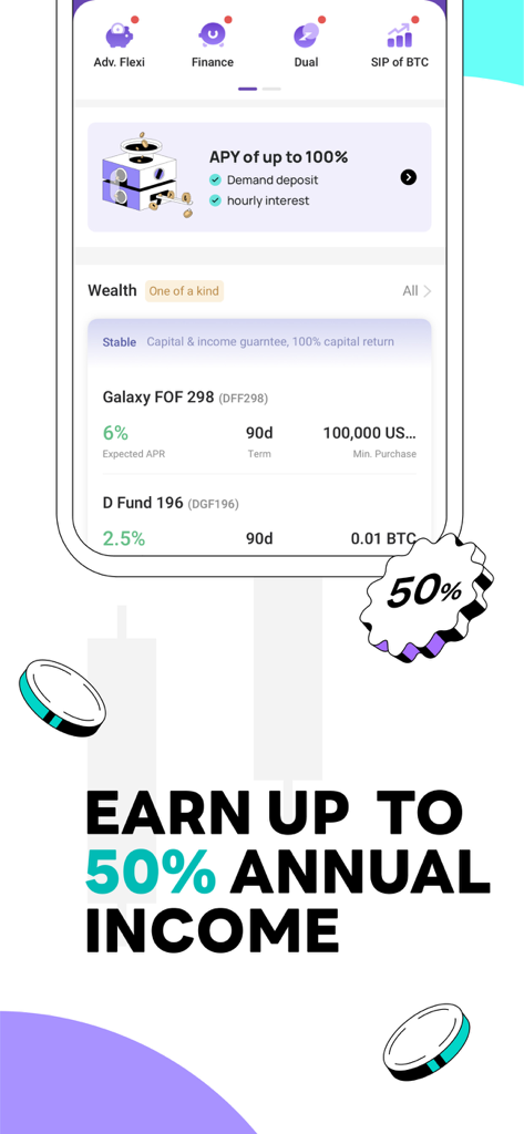 DigiFinex - crypto exchange - DigiFinex 모바일 앱 화면은 암호화폐 자산 관리와 잠재적인 연간 소득 보상을 보여줍니다.