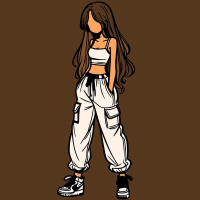 girl in baggy pants crop top and long hair