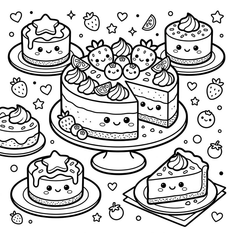 Indulge your sweet tooth with this adorable Kawaii Cheesecakes coloring page. Featuring a variety of charming cheesecakes with cute faces and delightful toppings, it's a treat for all ages.