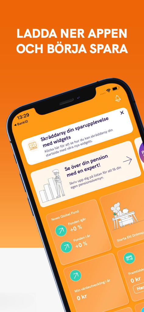 Nowo mobile app dashboard showing financial savings and investment widgets on a smartphone screen
