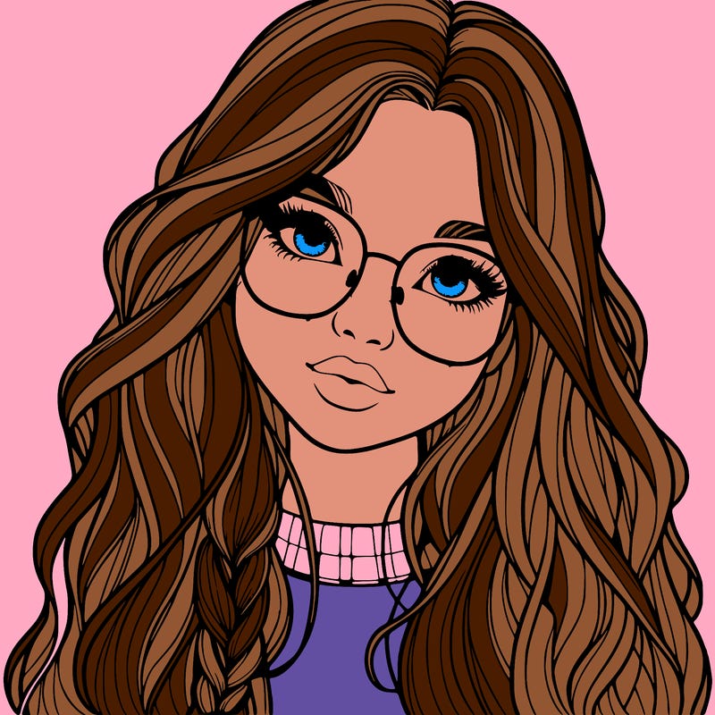 girl with long hair and freckles and glasses realistic