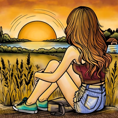 realistic girl sitting and watching the sunset