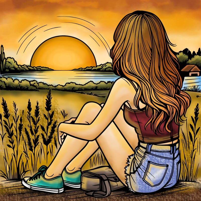 realistic girl sitting and watching the sunset