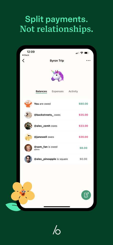 Beem - Digital Wallet - The Beem digital wallet app displaying shared group expenses and individual balances for a trip