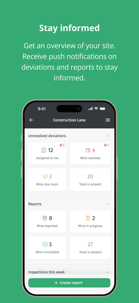 Infobric Field Mobile App Dashboard zeigt eine Übersicht über Abweichungen und Berichte auf der Baustelle.