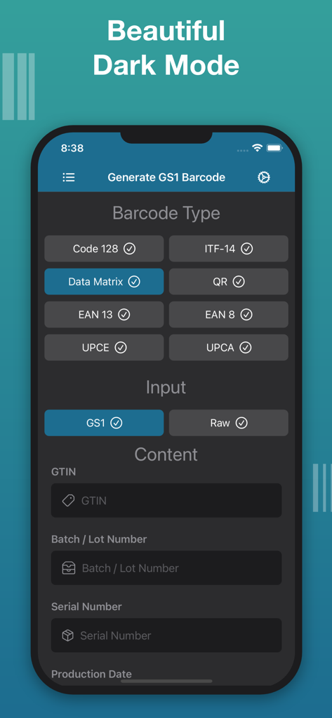 Interface of the Smart GS1 Barcode Generator app in dark mode showing various barcode types and data input fields