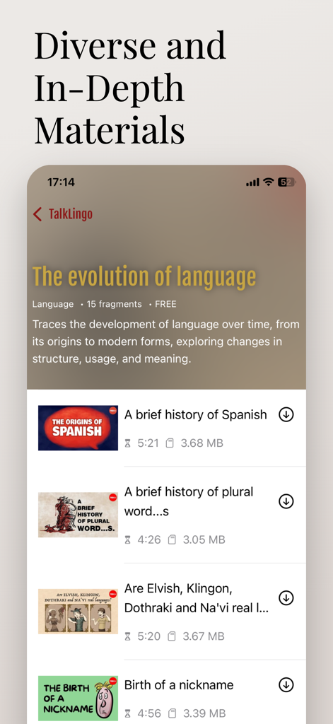 TalkLingo-Shadowing in English - Interfaz de la aplicación TalkLingo mostrando una lista de diversos materiales de aprendizaje de inglés y fragmentos de lecciones