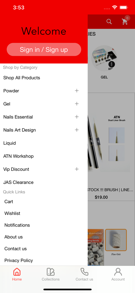 ATN Nail Supply - Navigation menu for the ATN Nail Supply mobile app