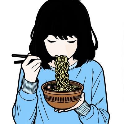 a girl realistic eating ramen noodles