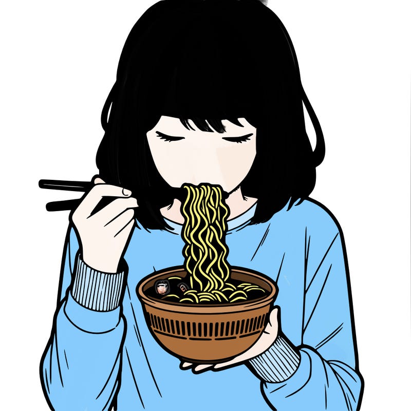 a girl realistic eating ramen noodles