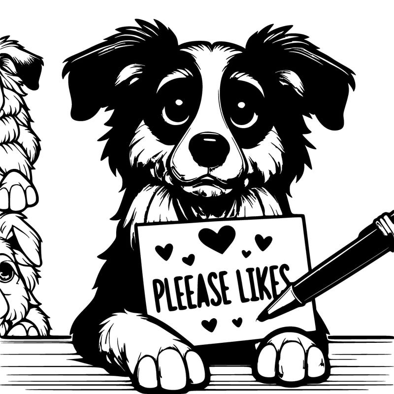 realistic, dog, folding a sign that says please likes