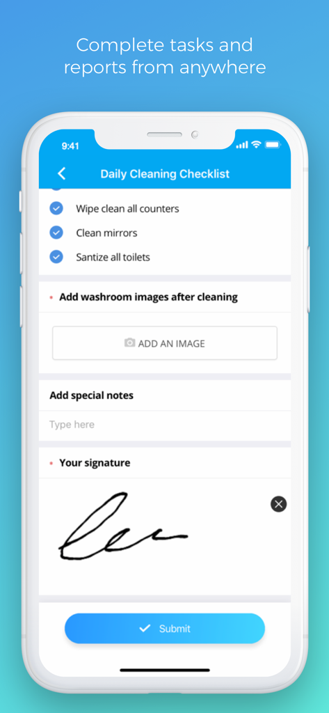 Connecteam Kiosk - Connecteam Kiosk app interface showing a digital daily cleaning checklist with a signature field