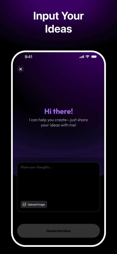 Vidgram: AI Video Generator - Interfaz del generador de vídeo IA Vidgram que muestra un cuadro de texto para introducir ideas creativas y un botón para subir imágenes.