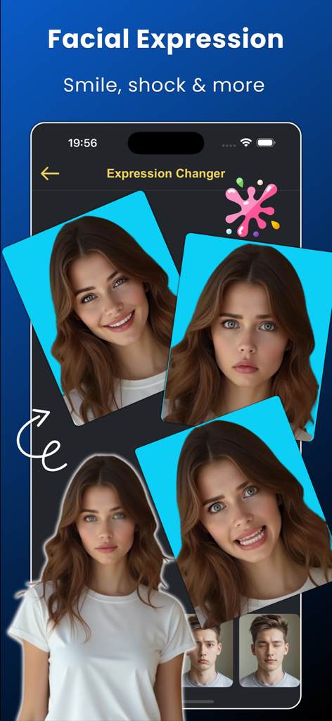 Face Over: AI Face Swap - A woman's face showing different AI generated facial expressions like smiling and shocked