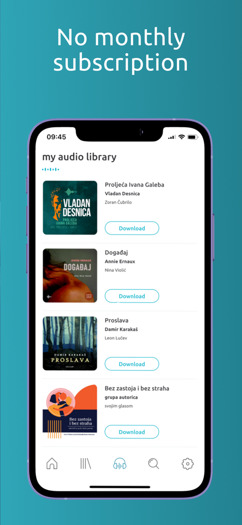 Interface of book and zvook app showing a personalized audiobook library with various titles and download options