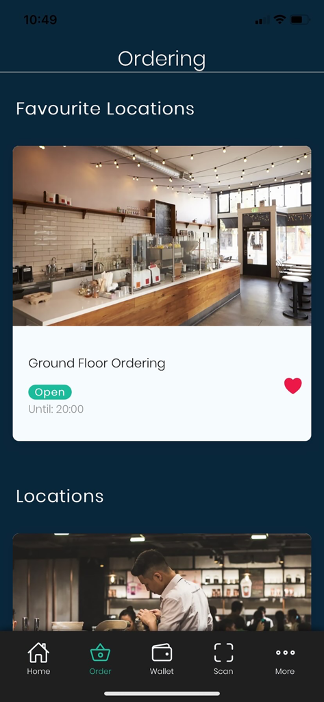 mySYSTOPIA - mySYSTOPIA mobile app ordering screen displaying favorite cafeteria locations and opening times