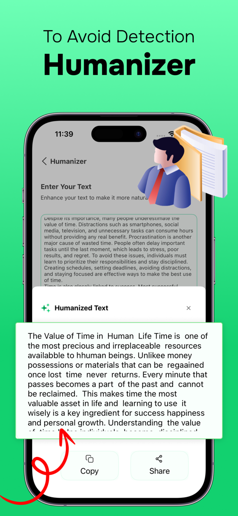 Interface of the Humanize AI Text app showing a text humanizer feature with a rewritten passage to avoid AI detection.